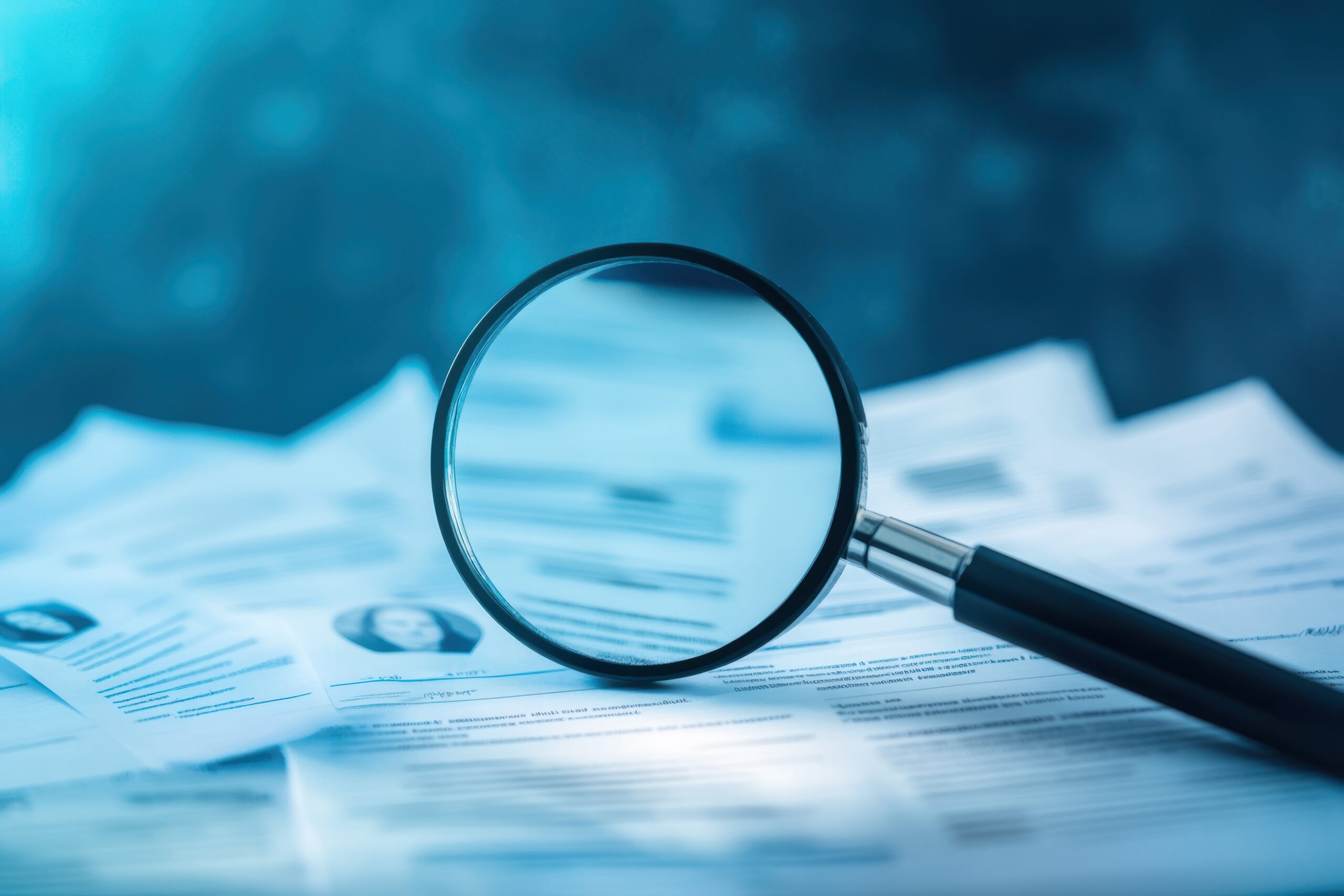 Magnifying glass over documents on a blue background showing detail and investigation of papers